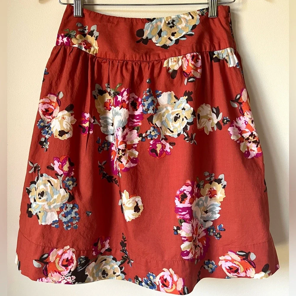 Garnet Hill Women’s Burnt Orange Floral Pattern Cotton Lined Side Zip Skirt 4P - Picture 1 of 11